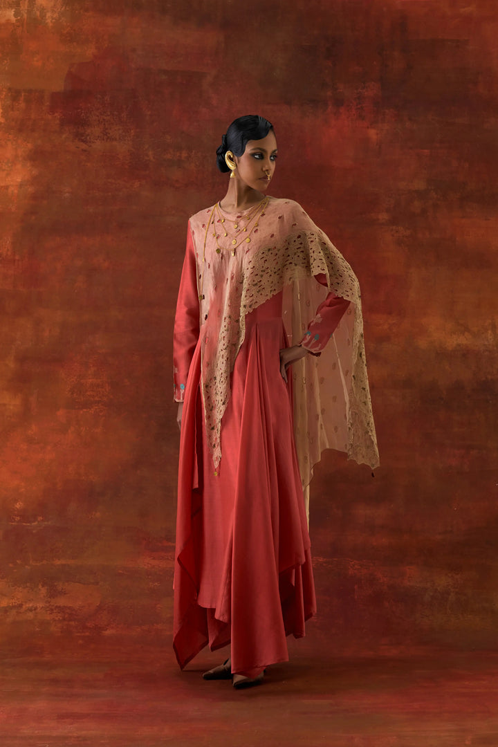 Emb Gold Tissue Attached Draped Kurta With Pants Coral