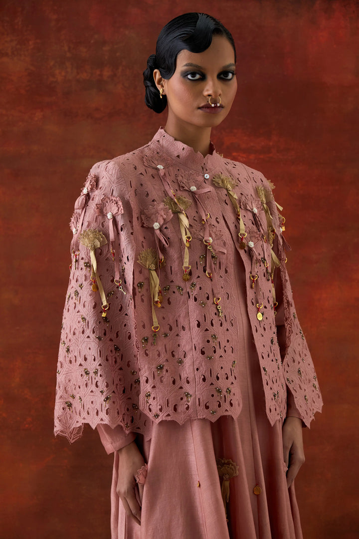 Embroidered Cutwork Cape With 3D Flower Kalidar