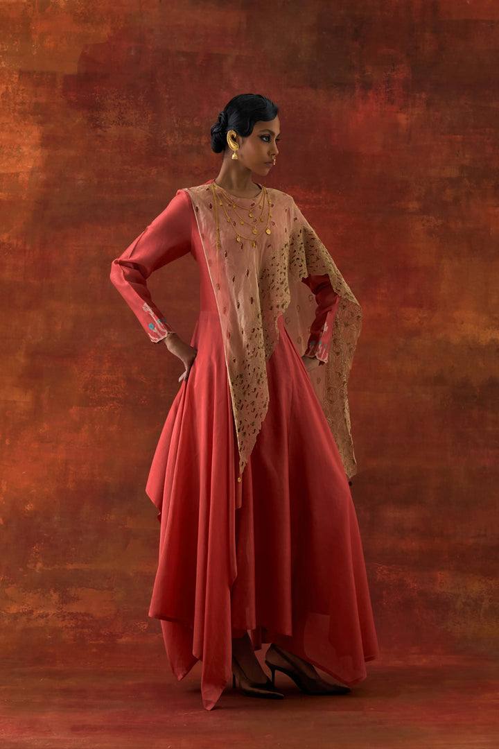 Emb Gold Tissue Attached Draped Kurta With Pants Coral