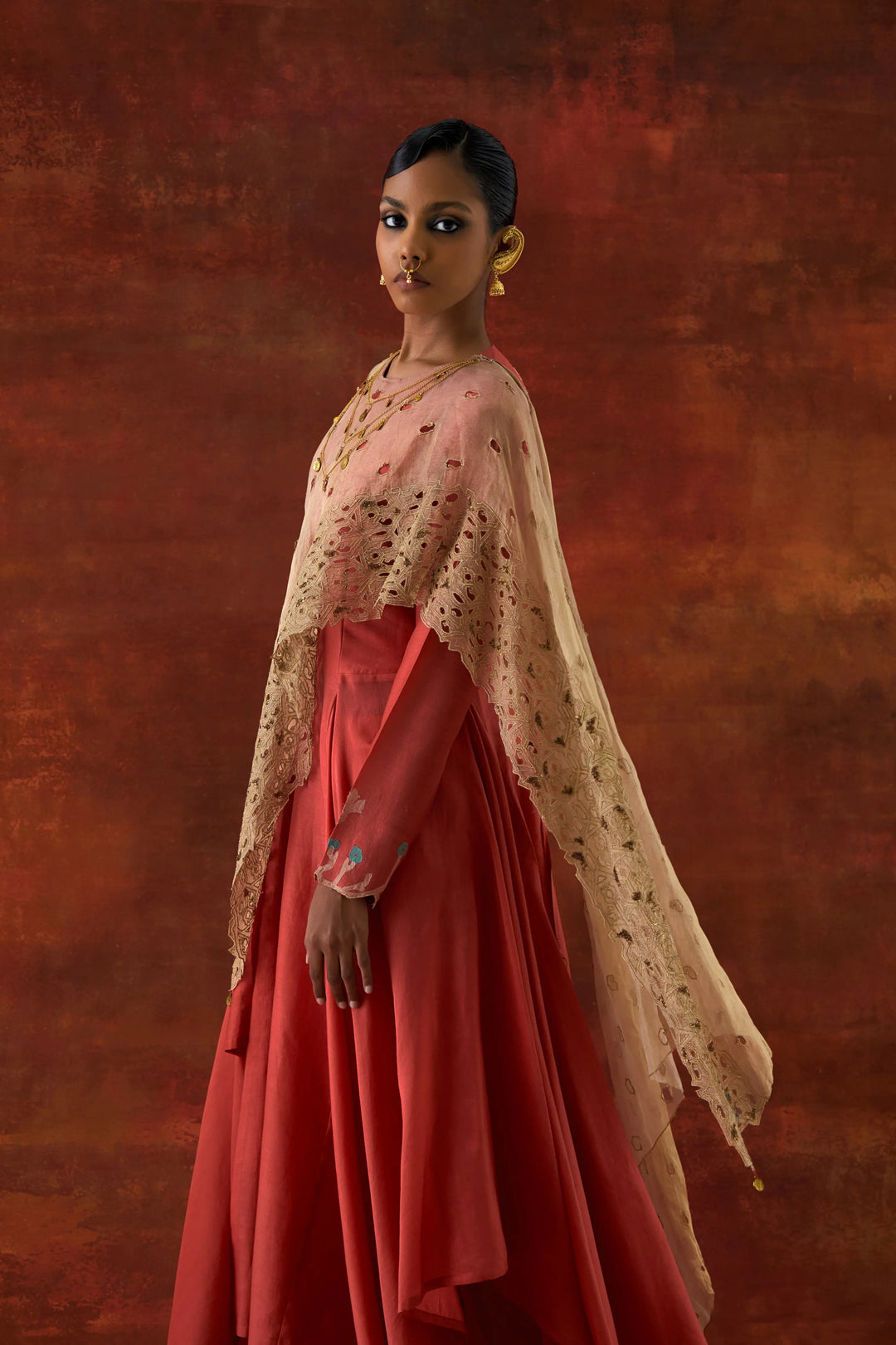 Emb Gold Tissue Attached Draped Kurta With Pants Coral