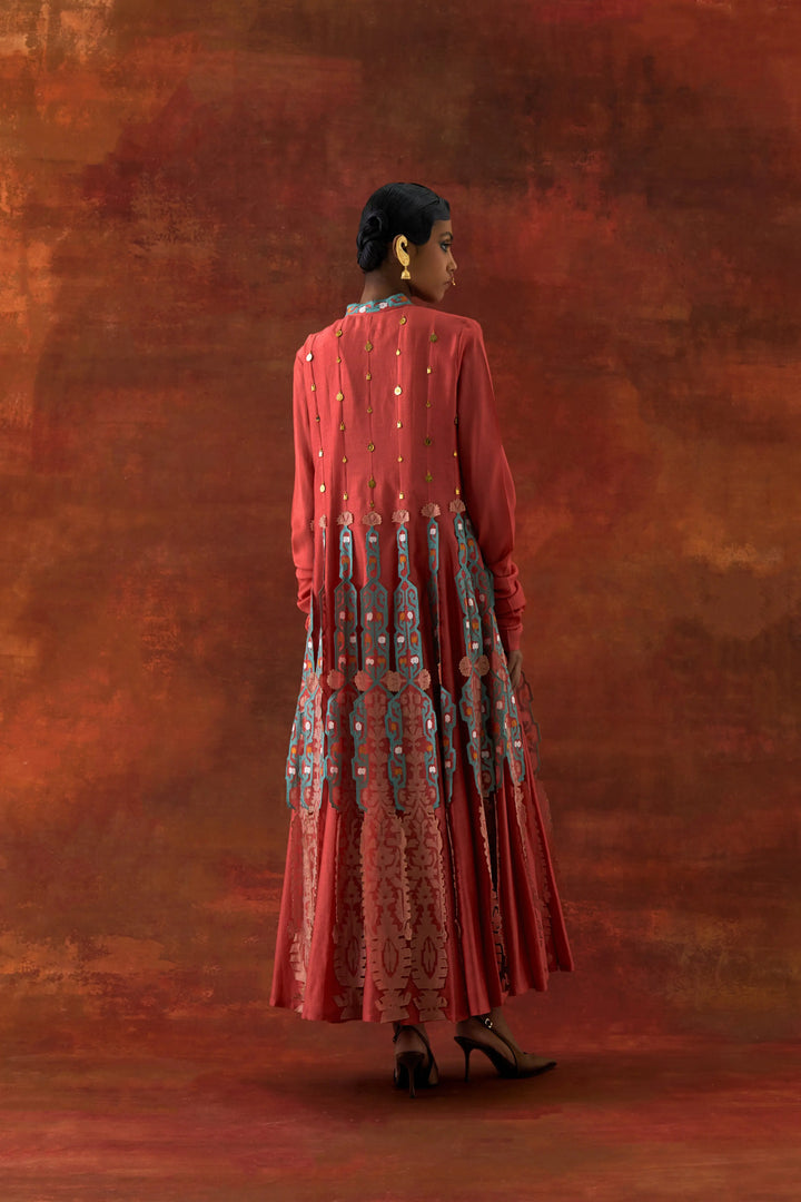 Embroidered Kalidar With Sleevless Inner Coral