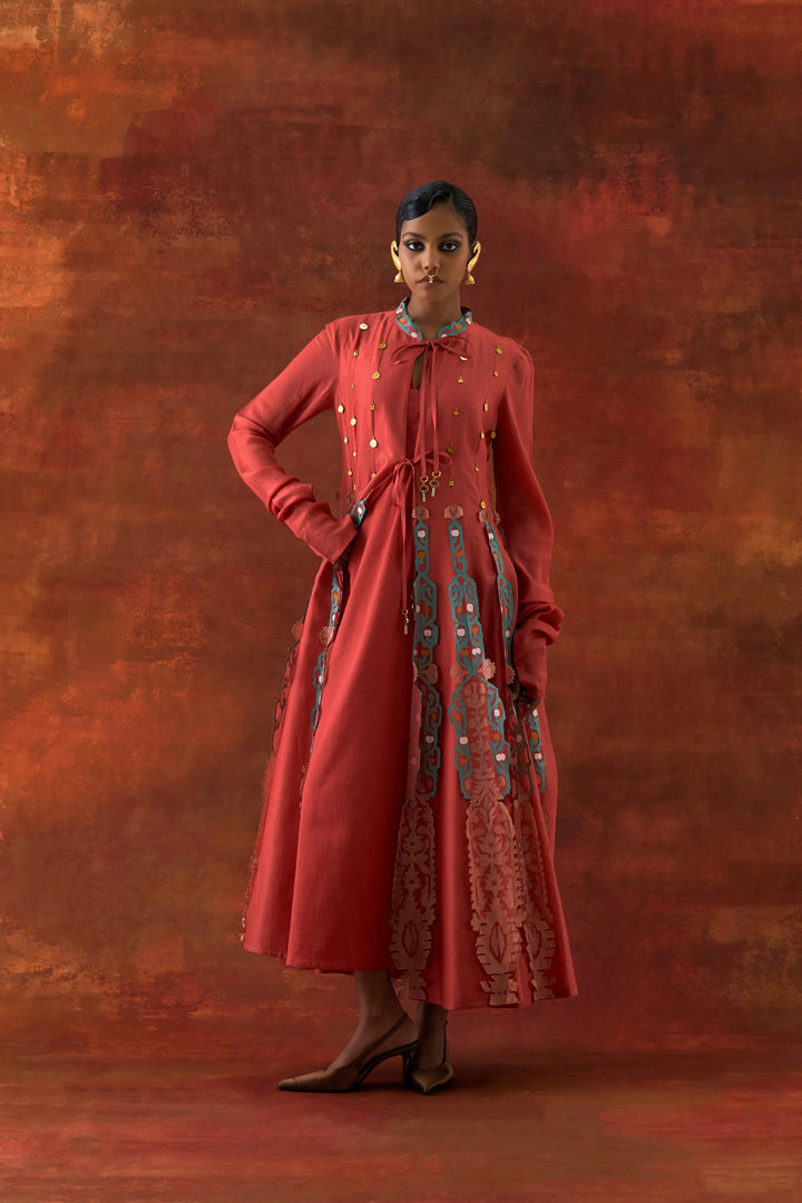 Embroidered Kalidar With Sleevless Inner Coral