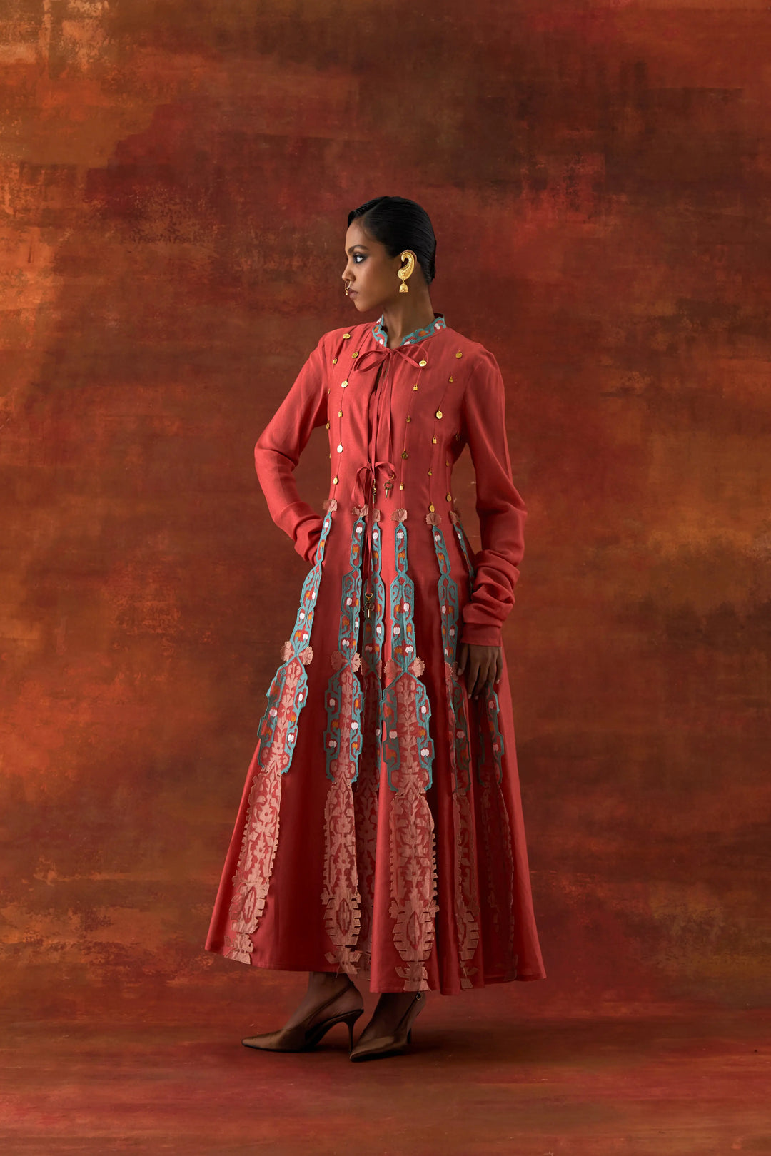 Embroidered Kalidar With Sleevless Inner Coral