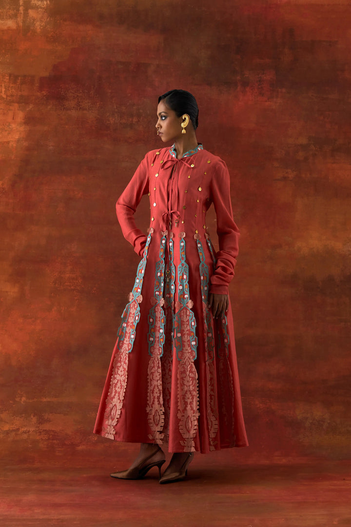 Embroidered Kalidar With Sleevless Inner Coral