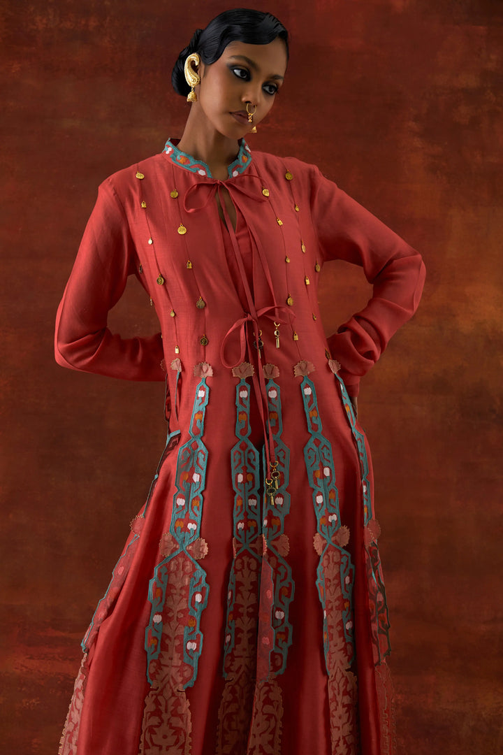 Embroidered Kalidar With Sleevless Inner Coral