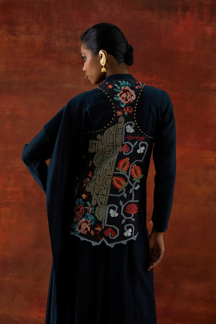 Angrakha Style Jacket With Zippered Kurta And Pants Indigo