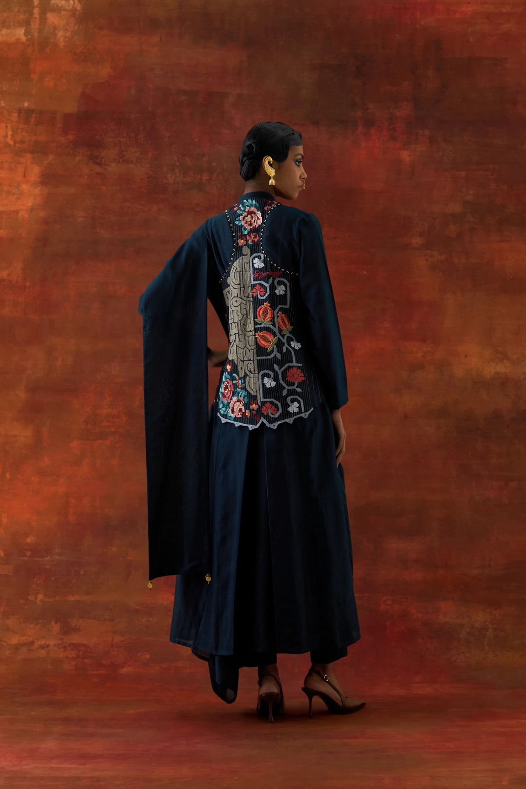 Angrakha Style Jacket With Zippered Kurta And Pants Indigo