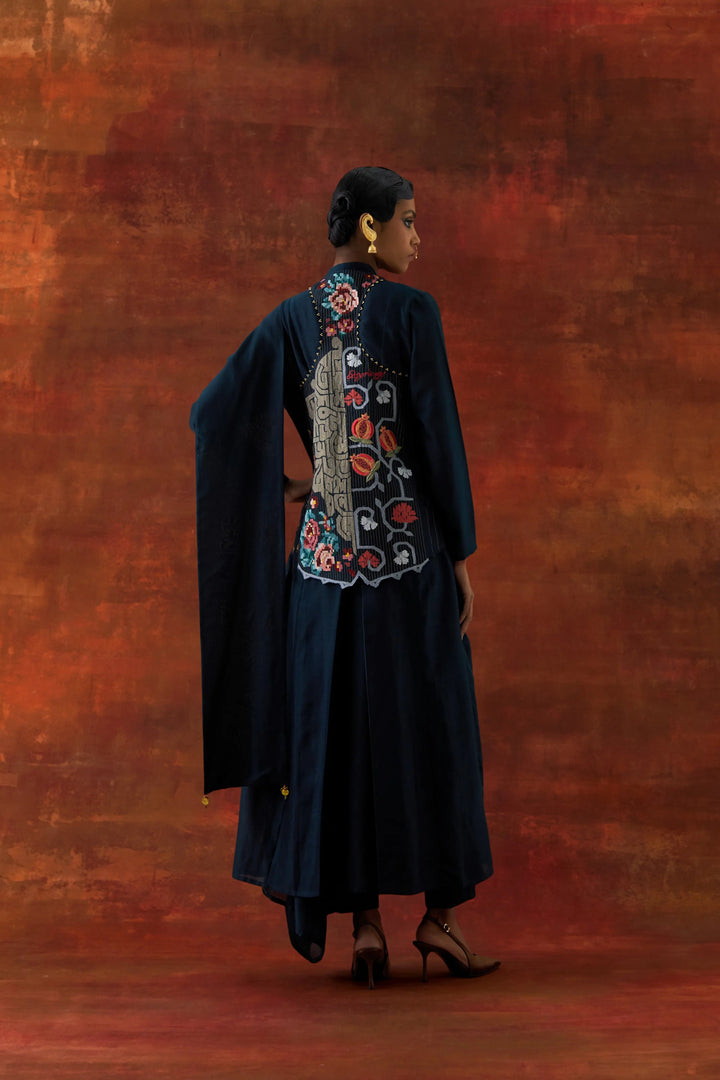 Angrakha Style Jacket With Zippered Kurta And Pants Indigo