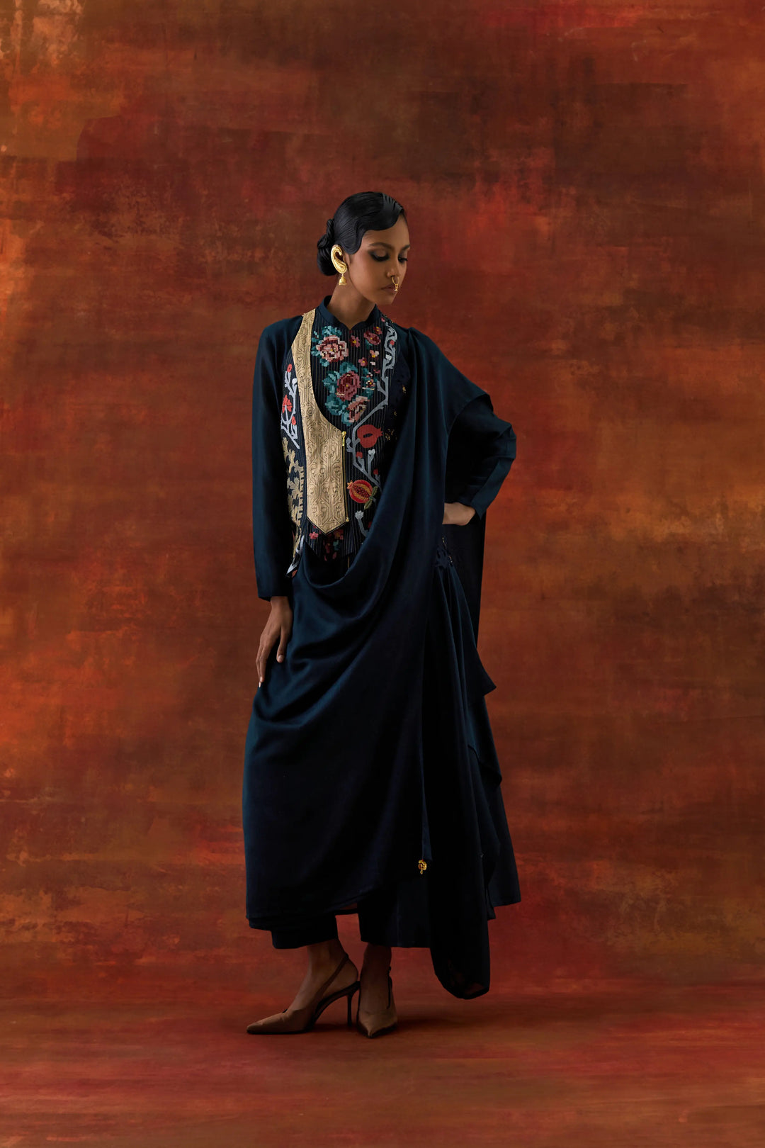Angrakha Style Jacket With Zippered Kurta And Pants Indigo