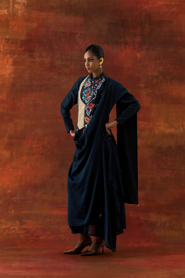 Angrakha Style Jacket With Zippered Kurta And Pants Indigo