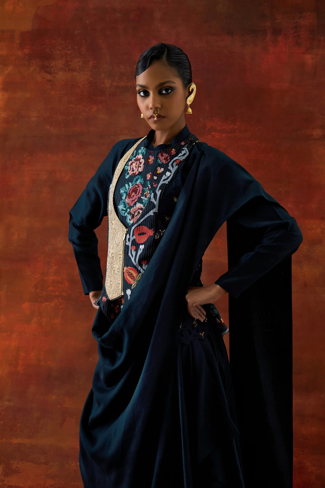 Angrakha Style Jacket With Zippered Kurta And Pants Indigo