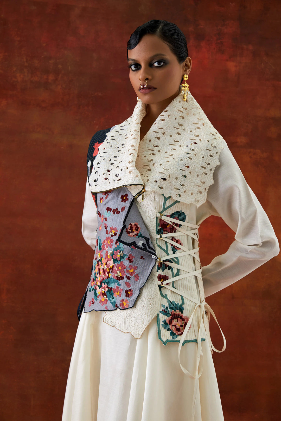 Draped Collar Side Tie Up Jacket With V Neck Draped Kurta And Pants