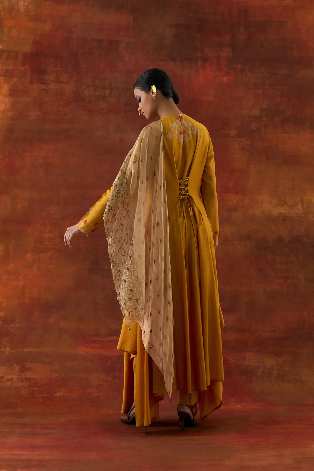 Emb Gold Tissue Attached Draped Kurta With Pants