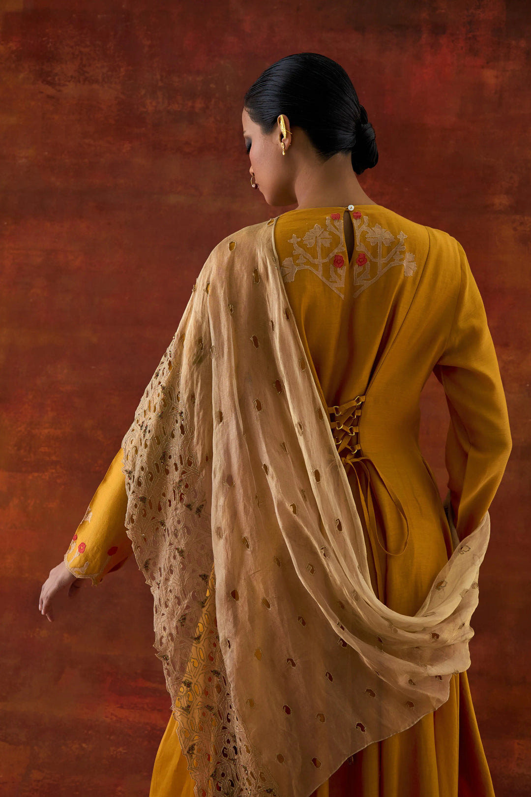 Emb Gold Tissue Attached Draped Kurta With Pants