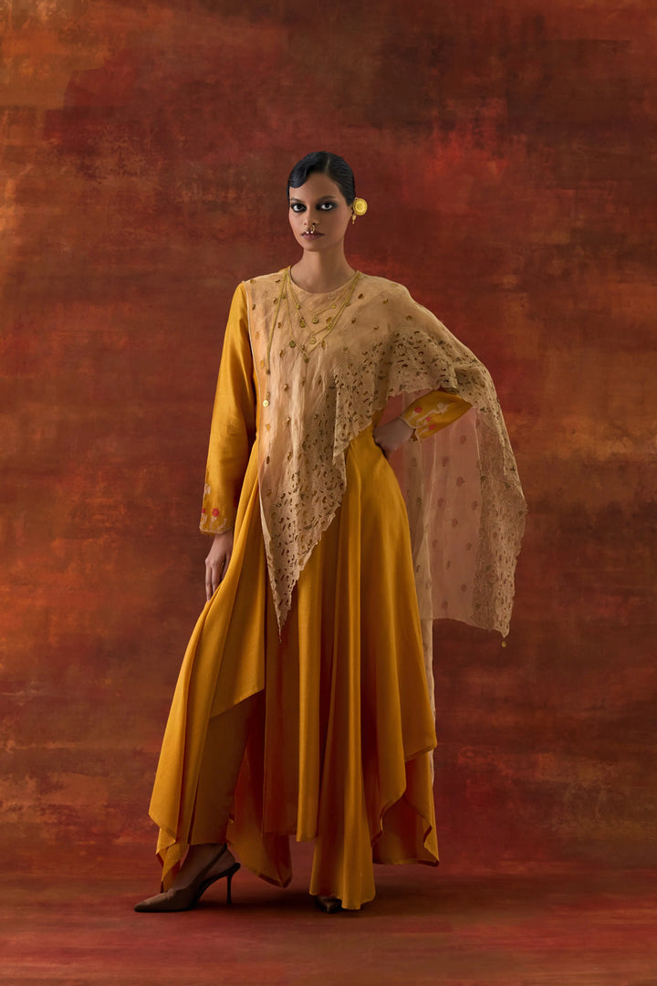 Emb Gold Tissue Attached Draped Kurta With Pants