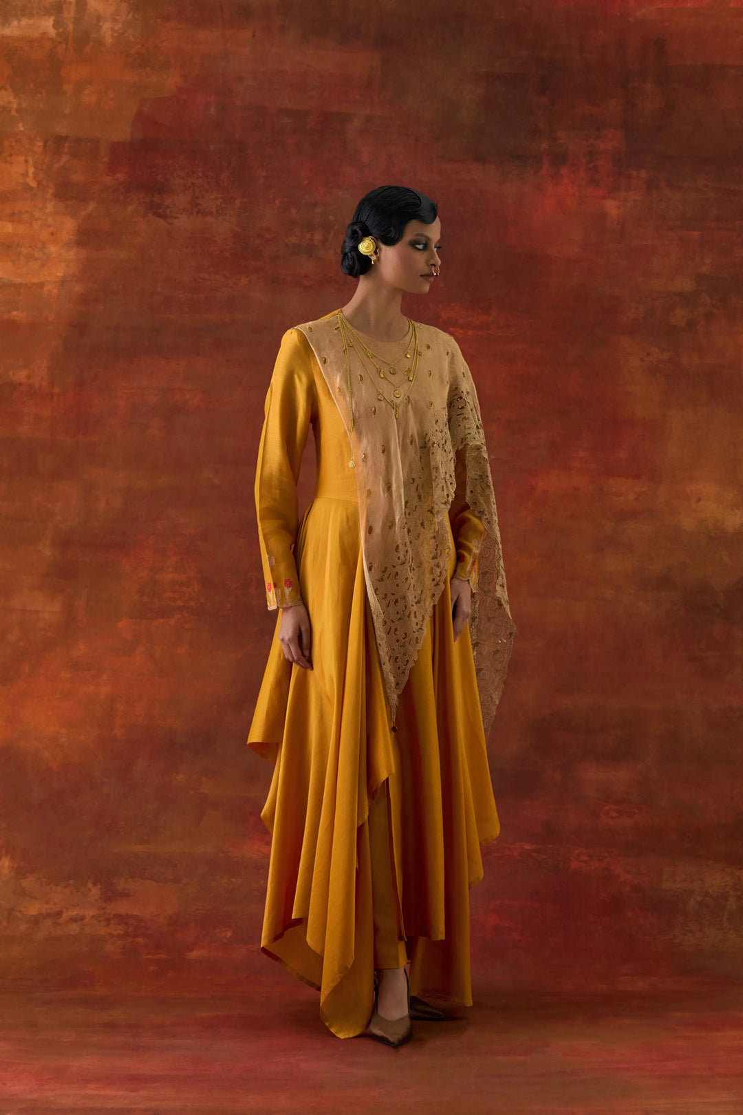 Emb Gold Tissue Attached Draped Kurta With Pants