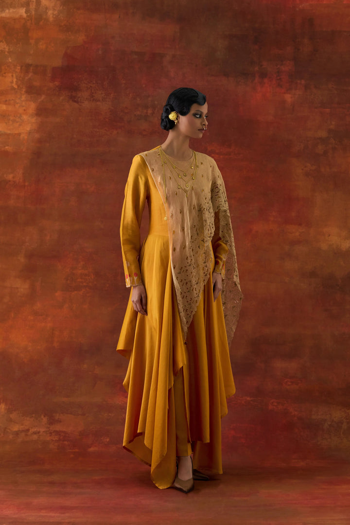 Emb Gold Tissue Attached Draped Kurta With Pants