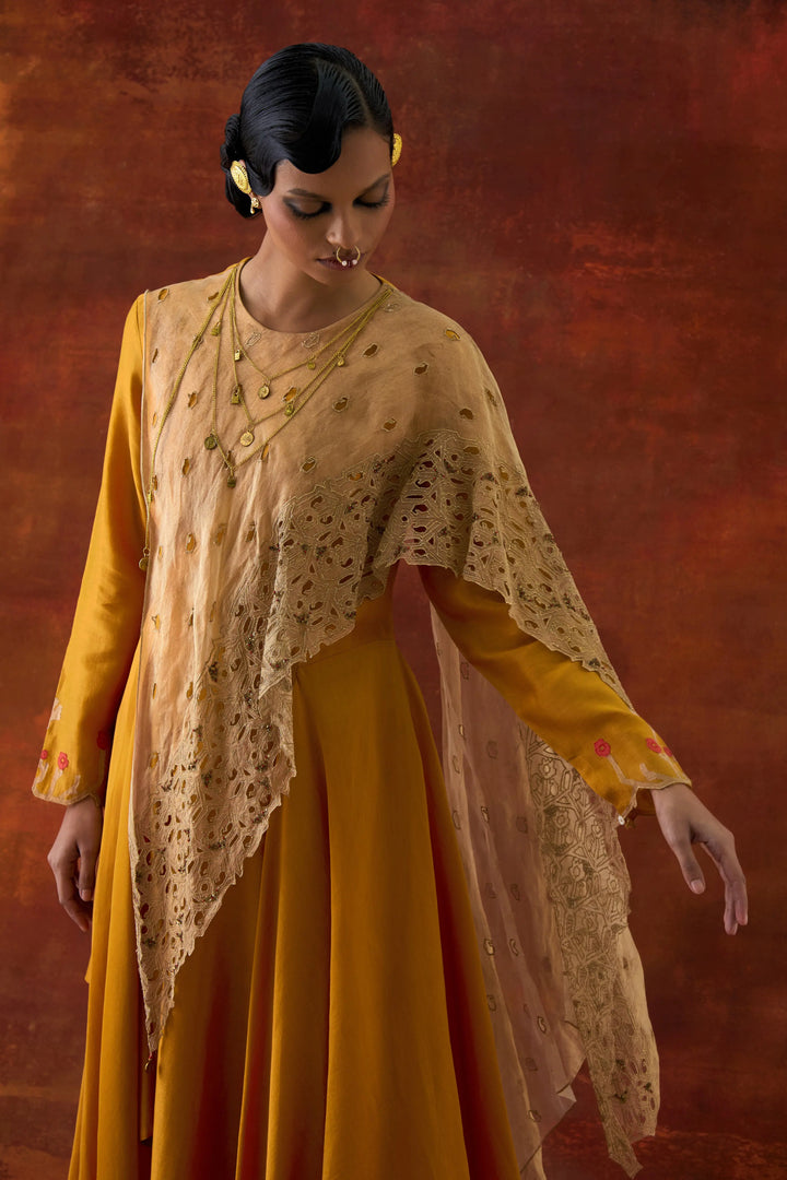 Emb Gold Tissue Attached Draped Kurta With Pants