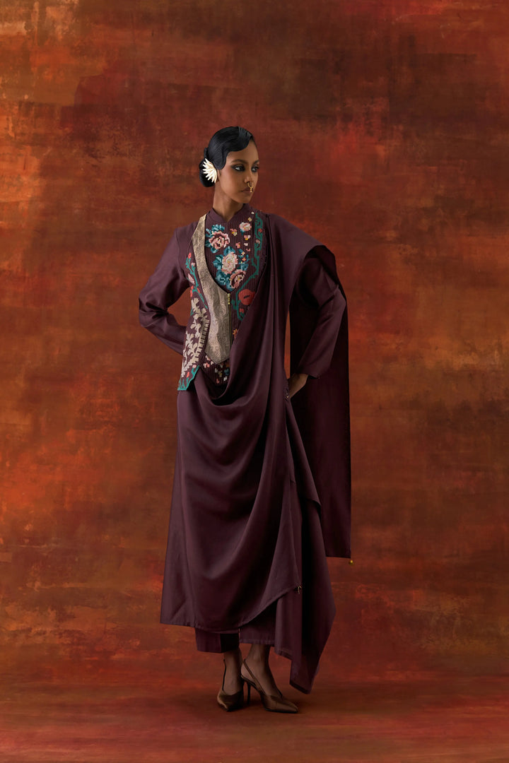 Angrakha Style Jacket With Zippered Kurta And Pants