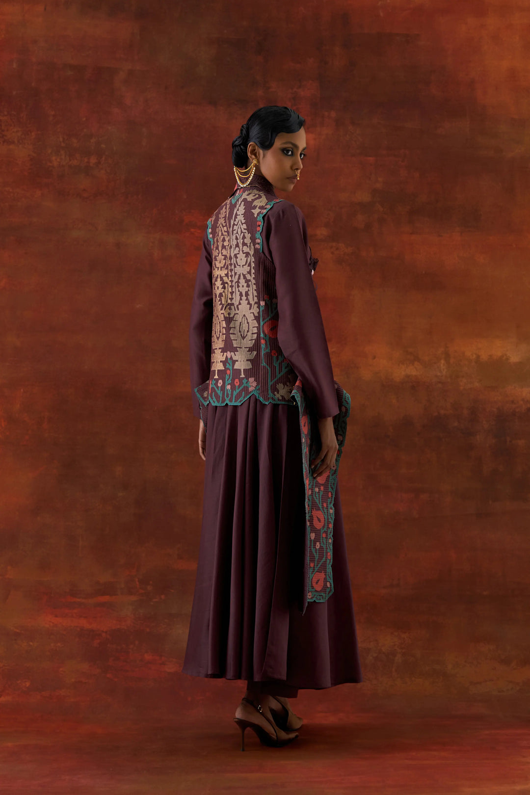 Pomogranate Double Lapel Jacket With Anarkali