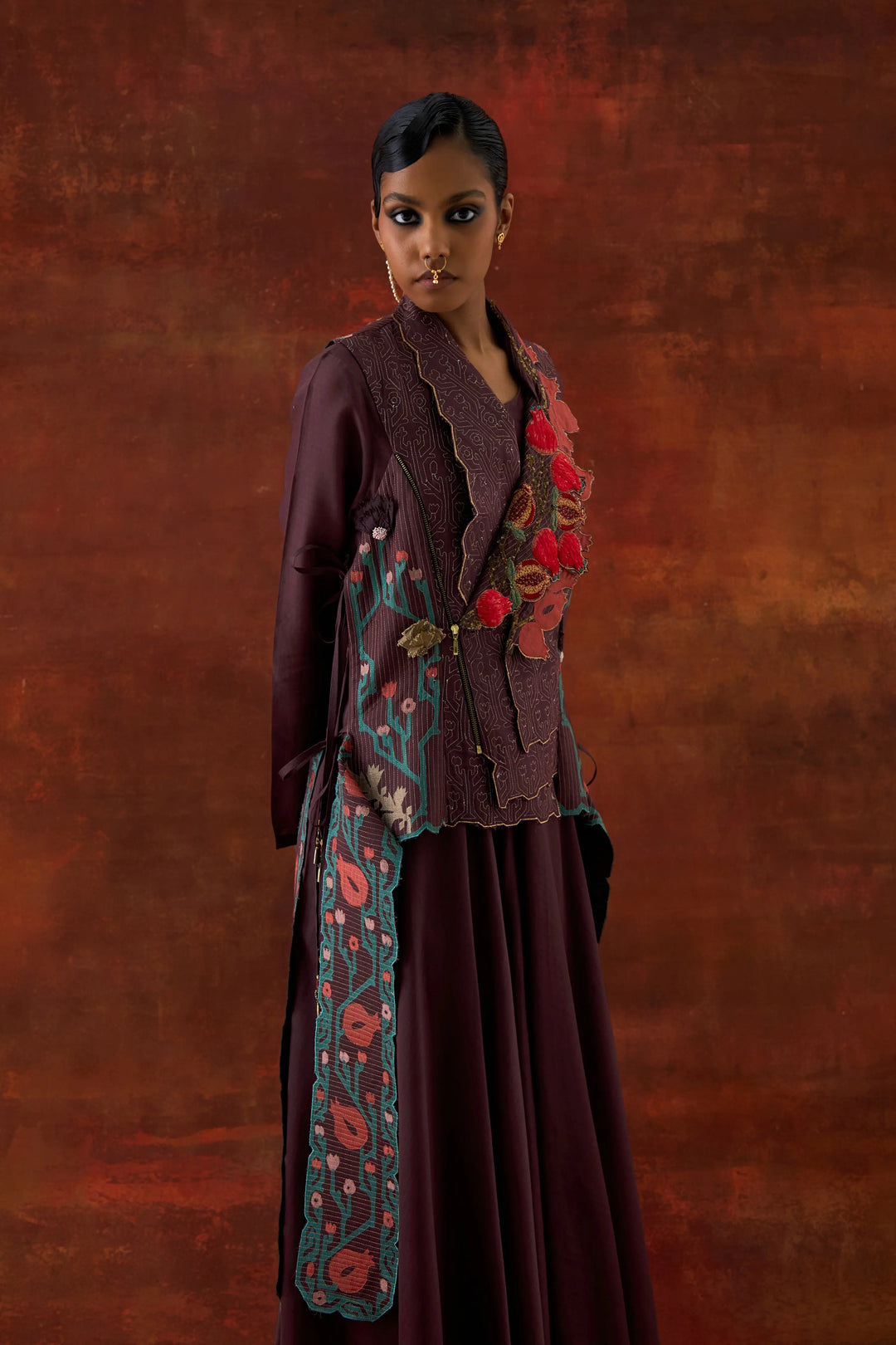 Pomogranate Double Lapel Jacket With Anarkali