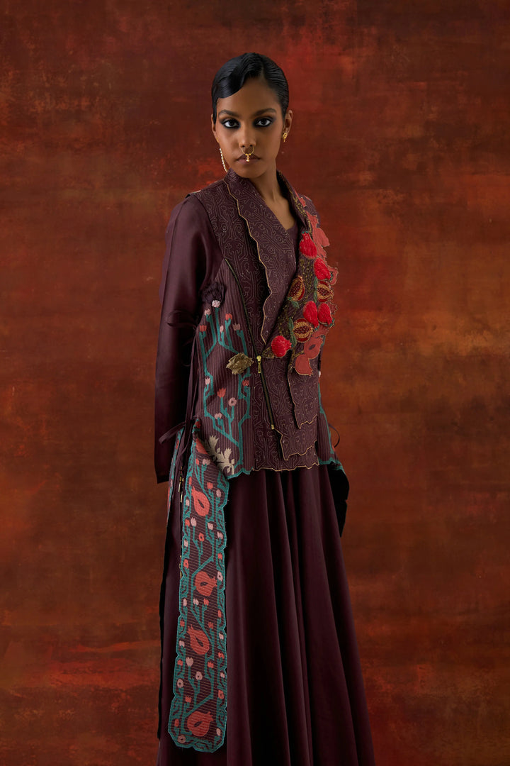 Pomogranate Double Lapel Jacket With Anarkali