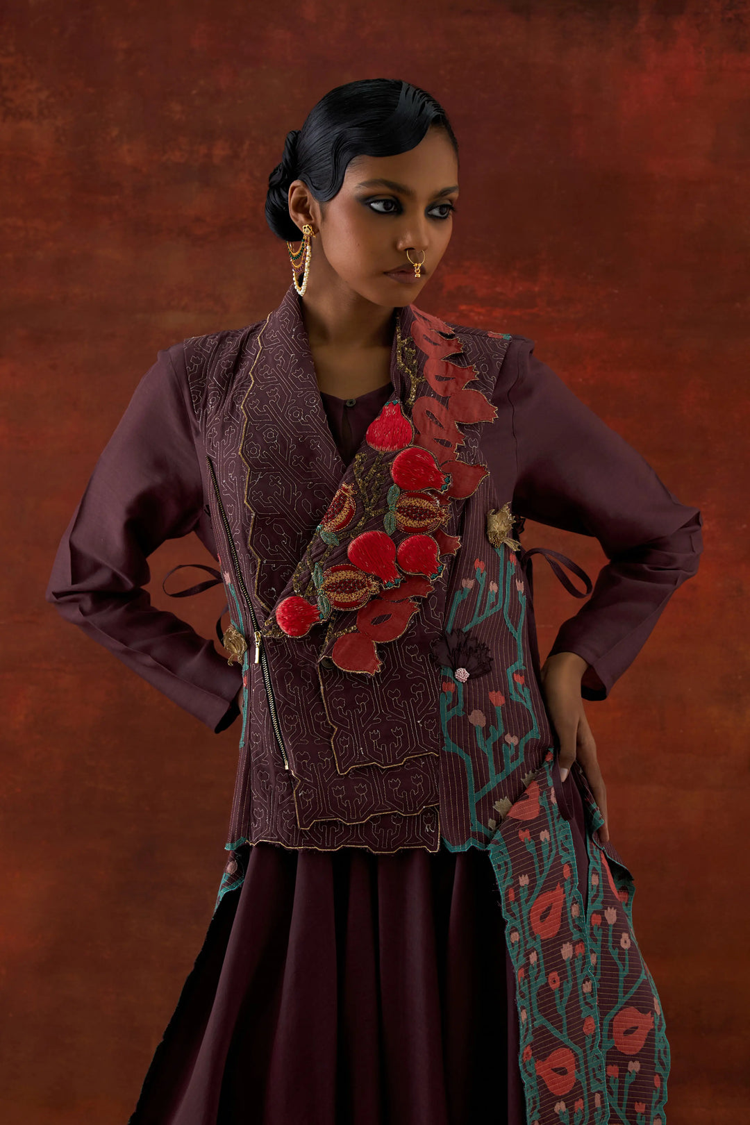 Pomogranate Double Lapel Jacket With Anarkali