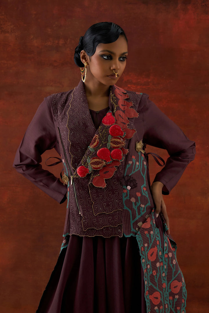 Pomogranate Double Lapel Jacket With Anarkali