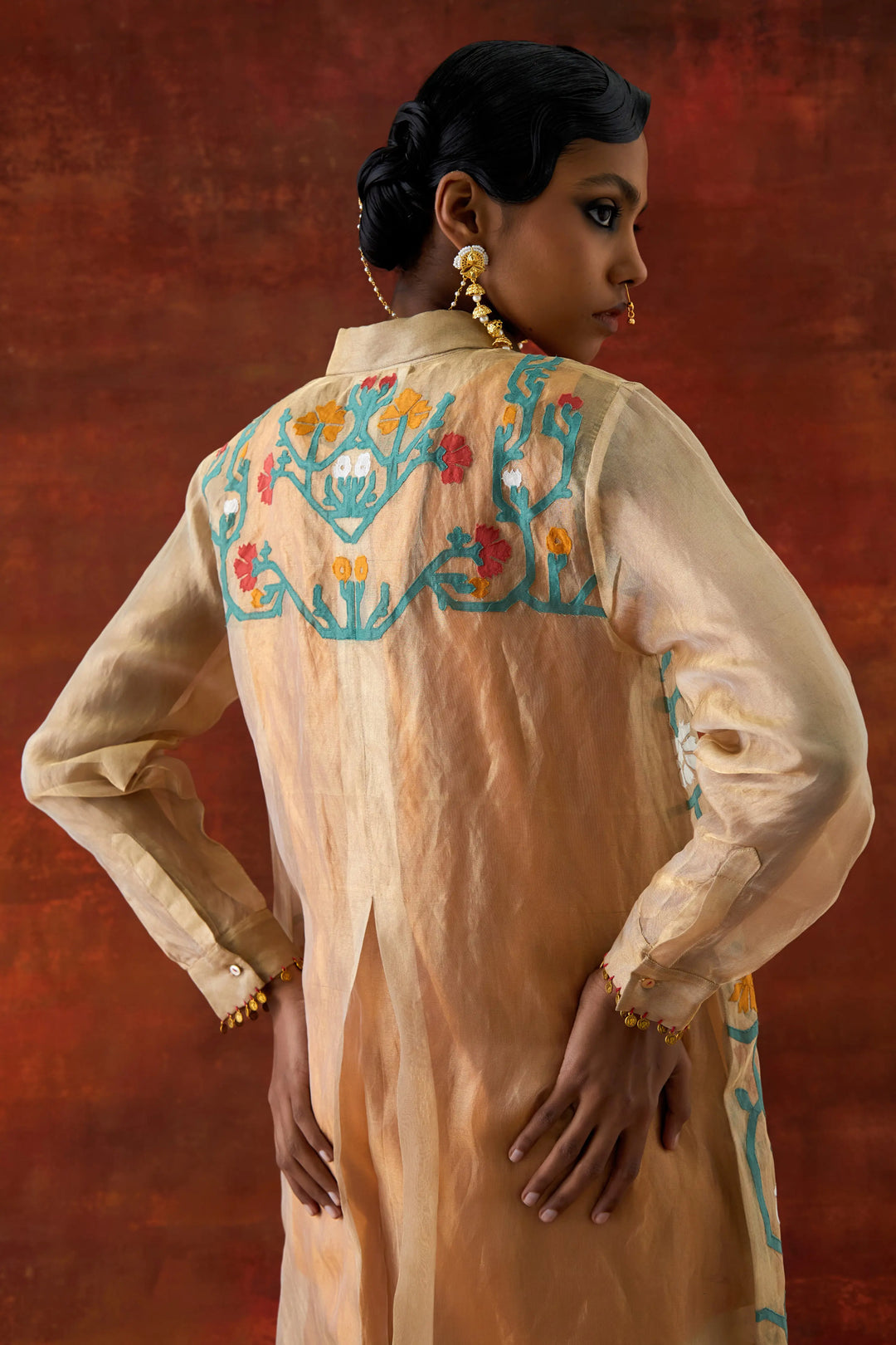 Emb Gold Tissue Shirt With Inner And Pants