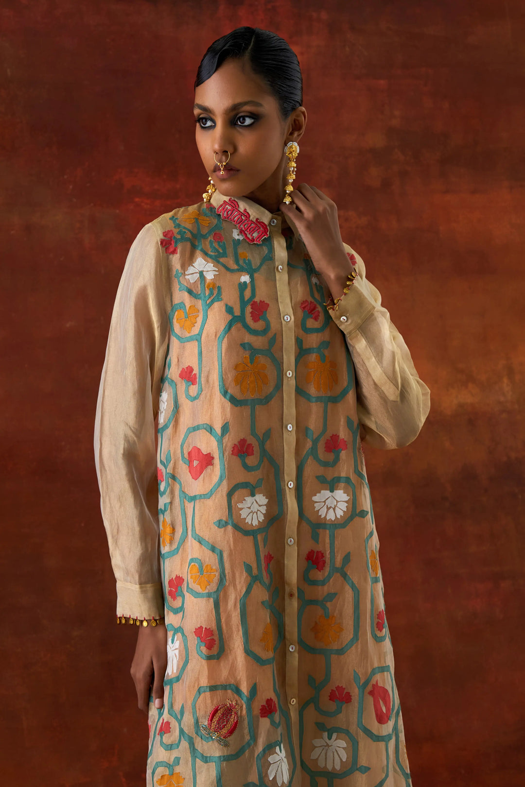 Emb Gold Tissue Shirt With Inner And Pants