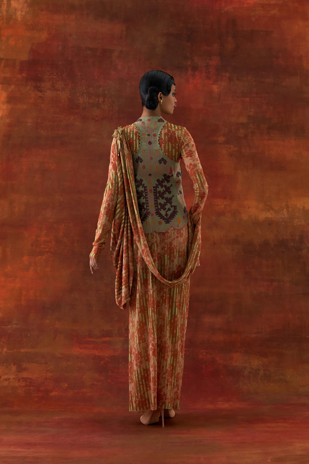 3D Flower Racer Back Jacket With Gold Jersey Draped Sari