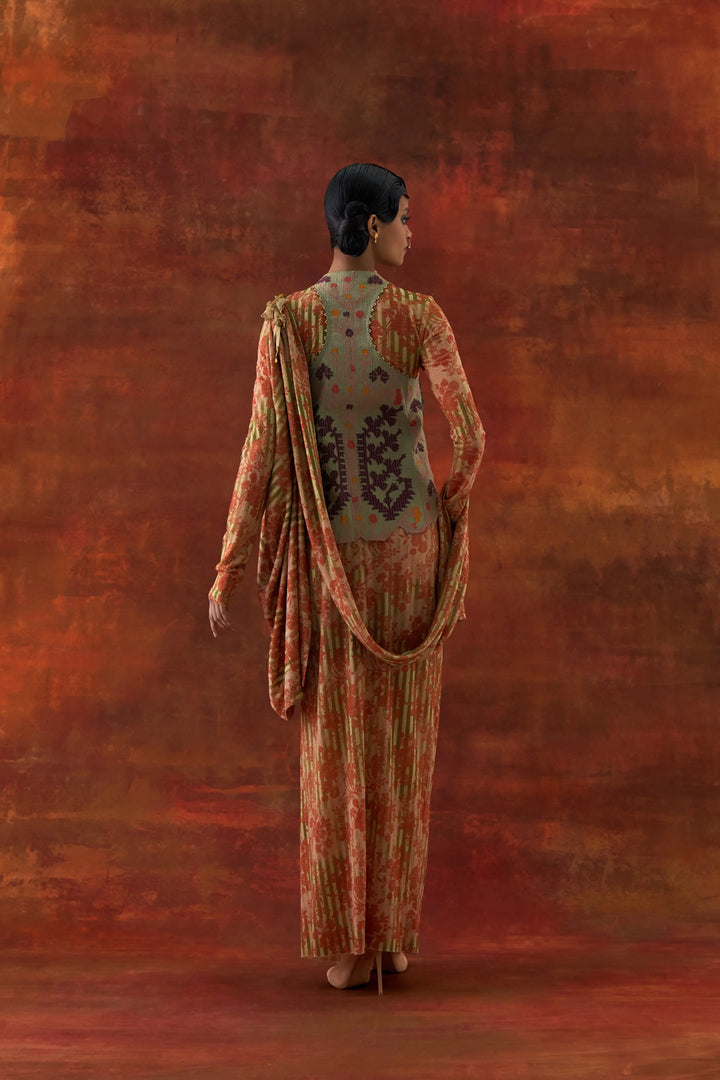 3D Flower Racer Back Jacket With Gold Jersey Draped Sari
