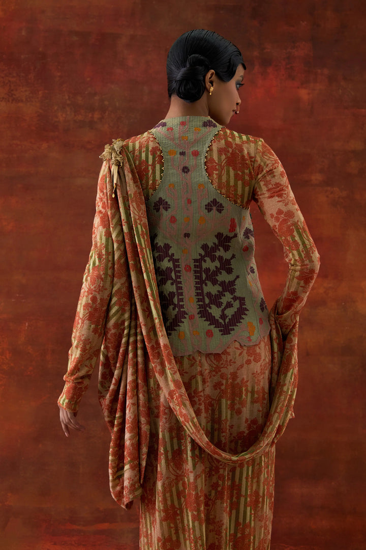 3D Flower Racer Back Jacket With Gold Jersey Draped Sari