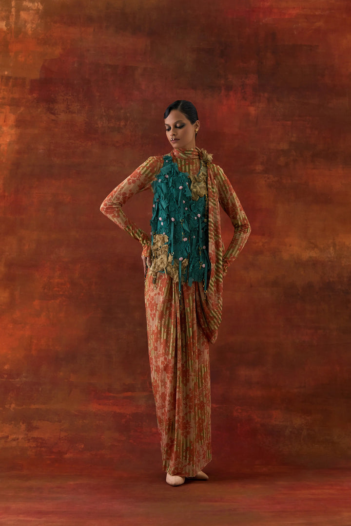 3D Flower Racer Back Jacket With Gold Jersey Draped Sari