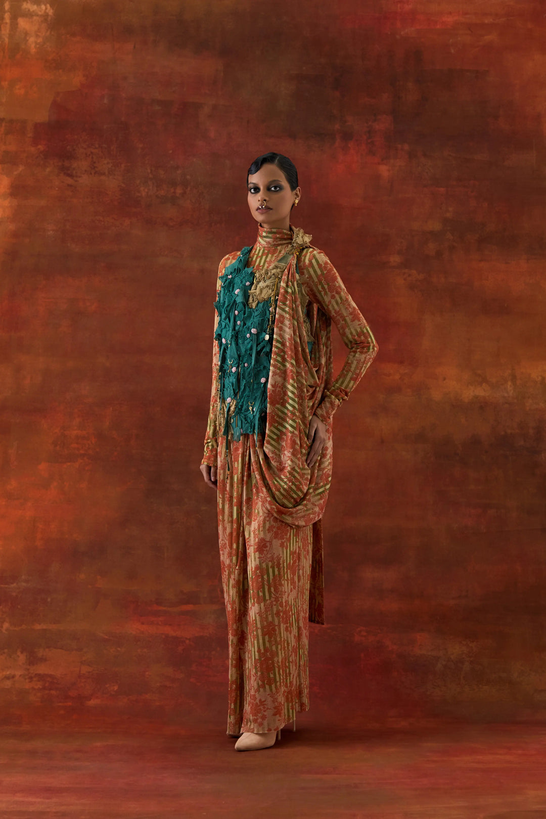 3D Flower Racer Back Jacket With Gold Jersey Draped Sari