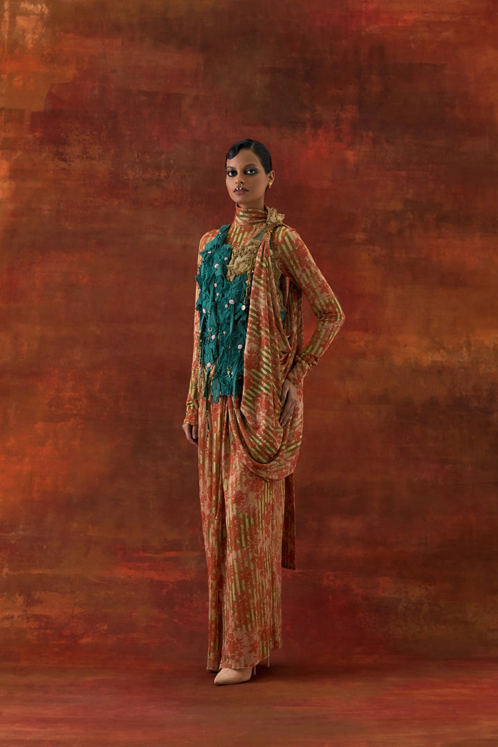 3D Flower Racer Back Jacket With Gold Jersey Draped Sari