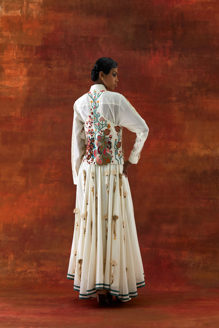 Emb Engineered Cowl Racer Back Jacket + Shirt With Emb Boota Sleeves And 3D Flower Skirt