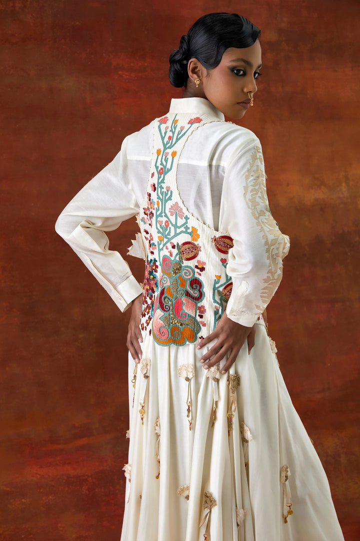 Emb Engineered Cowl Racer Back Jacket + Shirt With Emb Boota Sleeves And 3D Flower Skirt
