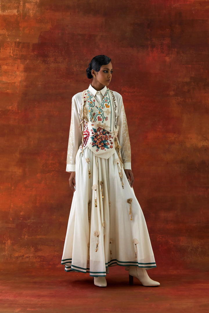 Emb Engineered Cowl Racer Back Jacket + Shirt With Emb Boota Sleeves And 3D Flower Skirt