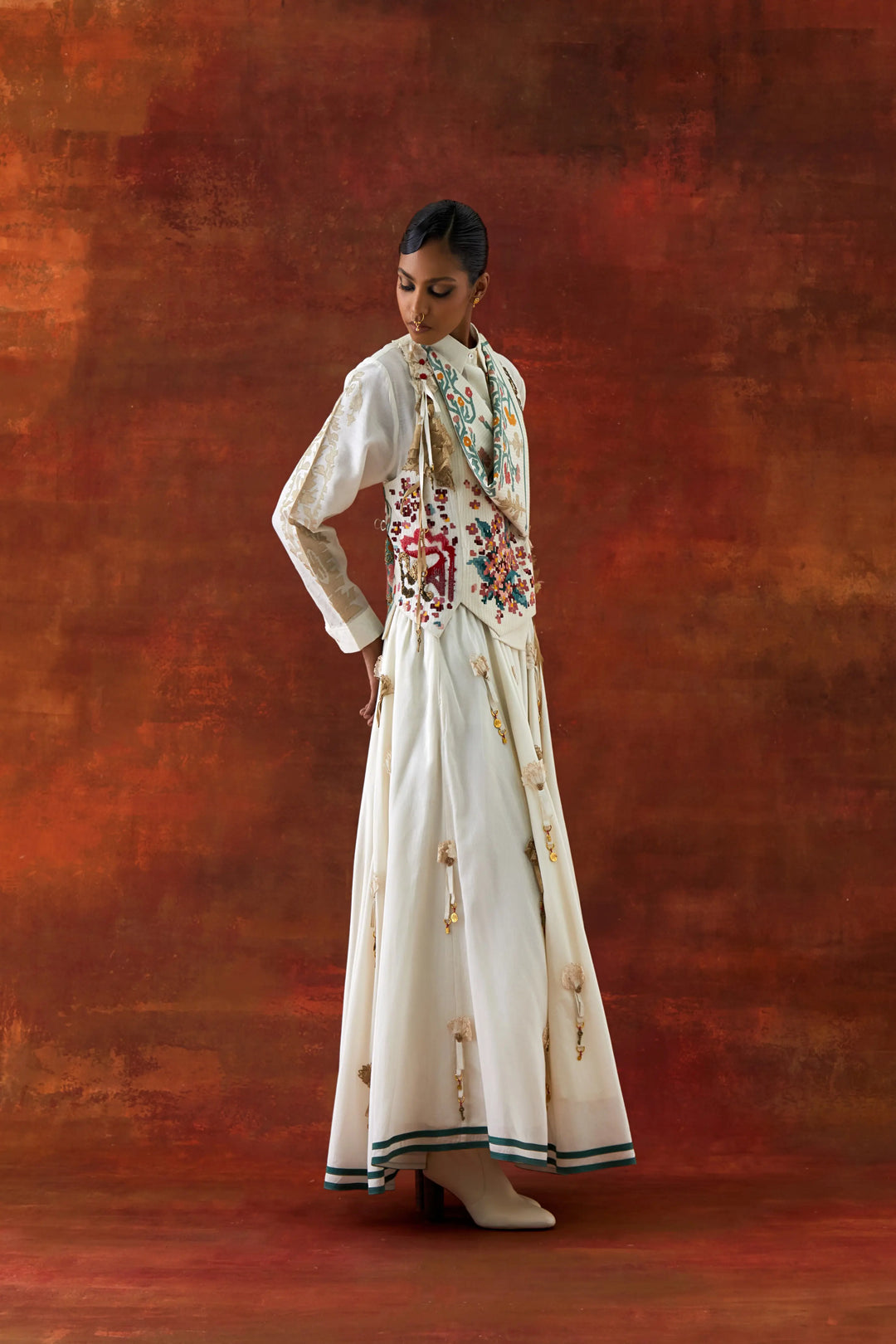 Emb Engineered Cowl Racer Back Jacket + Shirt With Emb Boota Sleeves And 3D Flower Skirt
