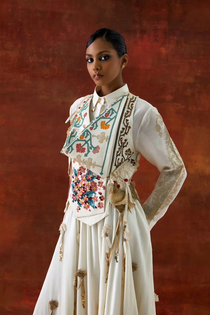 Emb Engineered Cowl Racer Back Jacket + Shirt With Emb Boota Sleeves And 3D Flower Skirt
