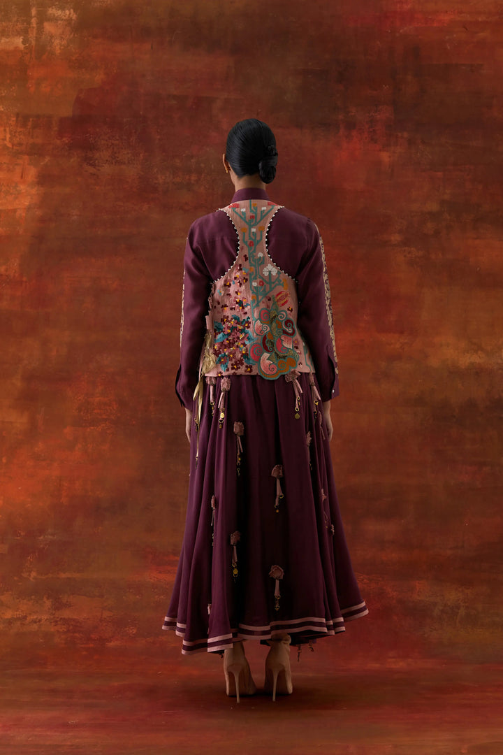 Emb Engineered Cowl Racer Back Jacket + Shirt With Emb Boota Sleeves And 3D Flower Skirt Wine/Old Rose