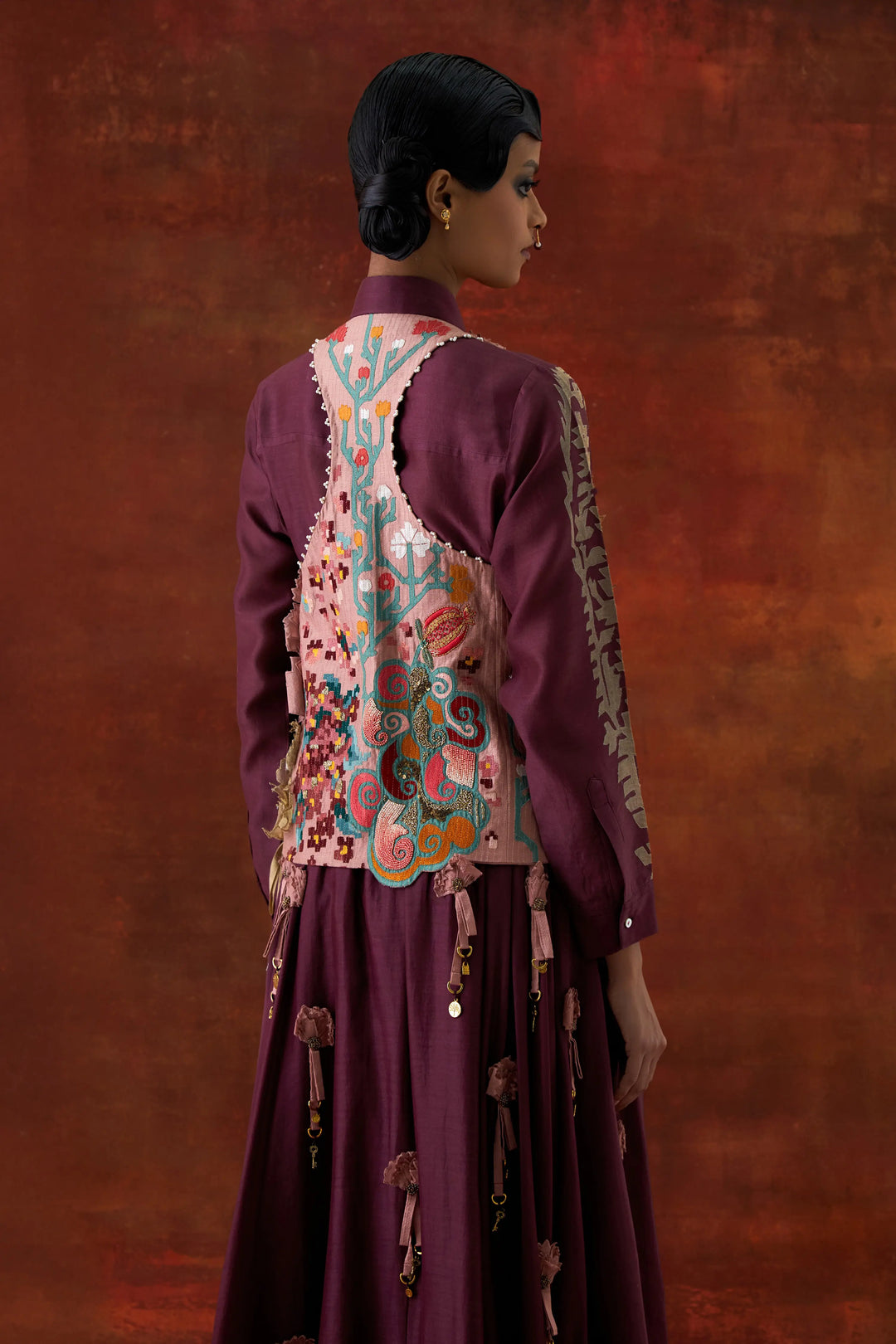 Emb Engineered Cowl Racer Back Jacket + Shirt With Emb Boota Sleeves And 3D Flower Skirt Wine/Old Rose