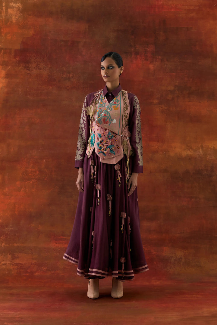 Emb Engineered Cowl Racer Back Jacket + Shirt With Emb Boota Sleeves And 3D Flower Skirt Wine/Old Rose