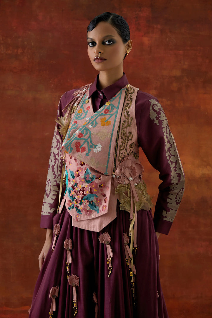 Emb Engineered Cowl Racer Back Jacket + Shirt With Emb Boota Sleeves And 3D Flower Skirt Wine/Old Rose