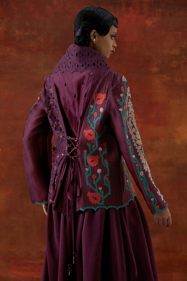 Emb Draped Collar Jacket With Draped Skirt Wine