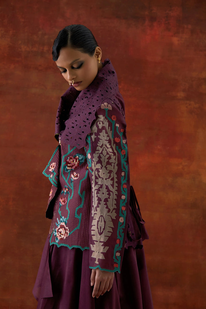 Emb Draped Collar Jacket With Draped Skirt Wine