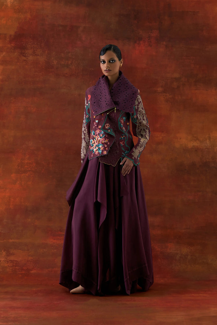 Emb Draped Collar Jacket With Draped Skirt Wine