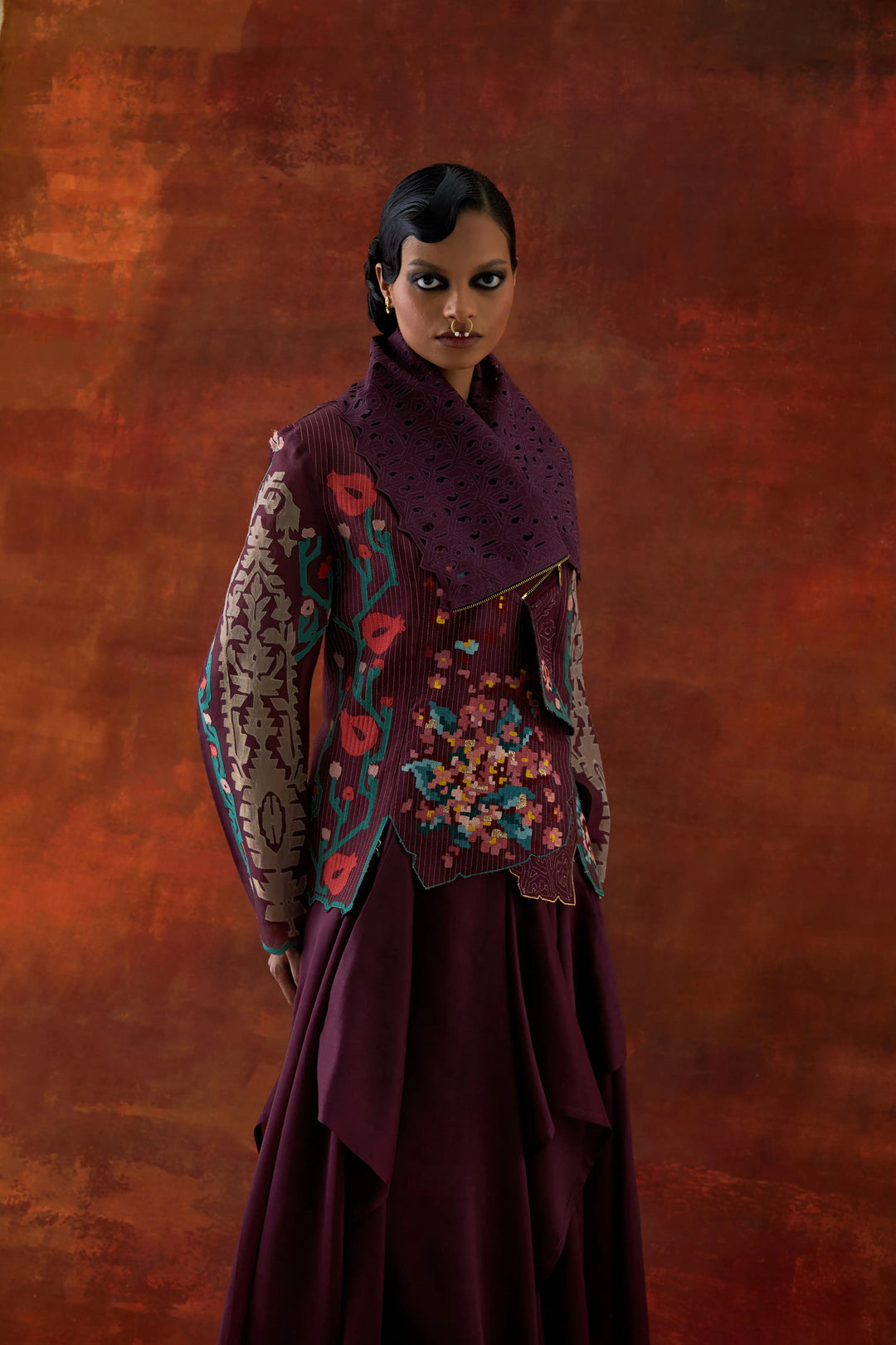 Emb Draped Collar Jacket With Draped Skirt Wine