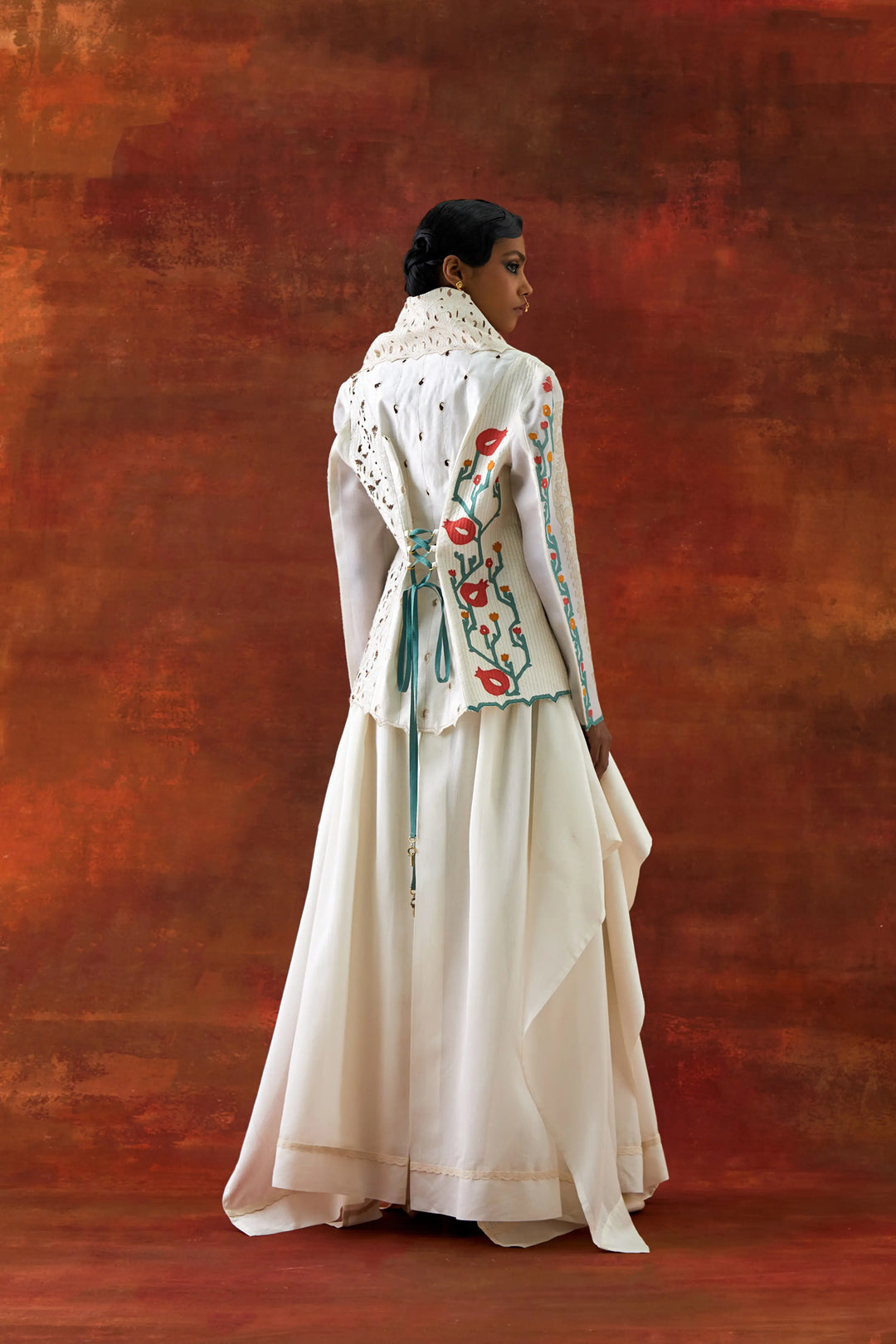 Emb Draped Collar Jacket With Draped Skirt